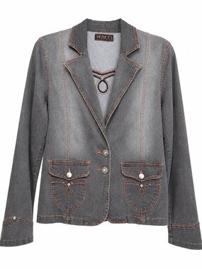 Vezucci Gray Stretch Denim Look Blazer Jacket Contrast Stitching